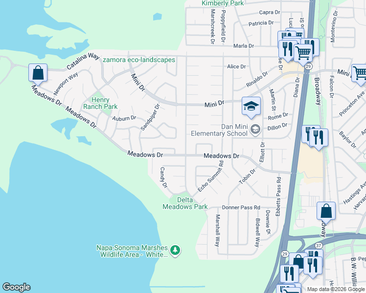 map of restaurants, bars, coffee shops, grocery stores, and more near 1109 Jack London Drive in Vallejo
