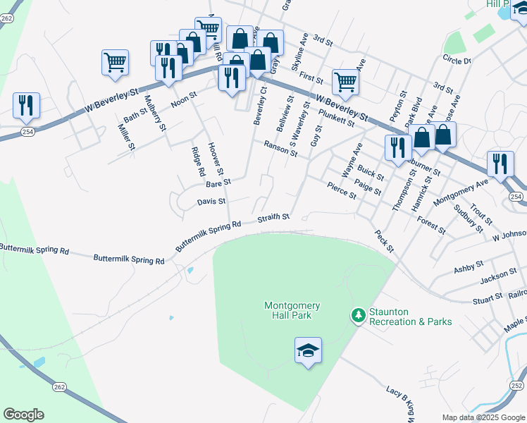 map of restaurants, bars, coffee shops, grocery stores, and more near 999 Elizabeth Miller Gardens in Staunton