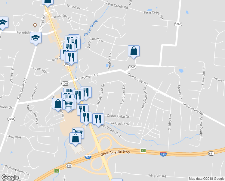map of restaurants, bars, coffee shops, grocery stores, and more near 9613 Elm Lake Drive in Louisville
