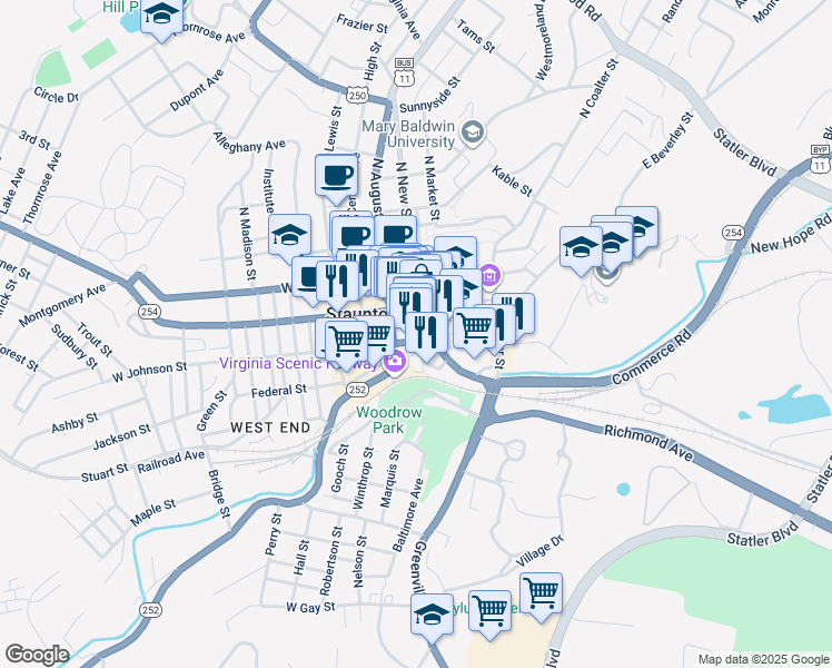 map of restaurants, bars, coffee shops, grocery stores, and more near 26 South New Street in Staunton