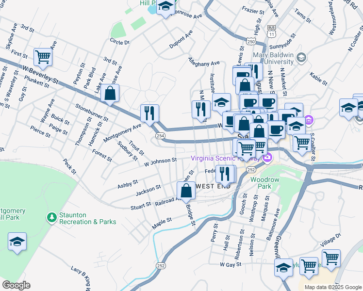 map of restaurants, bars, coffee shops, grocery stores, and more near 821 West Beverley Street in Staunton