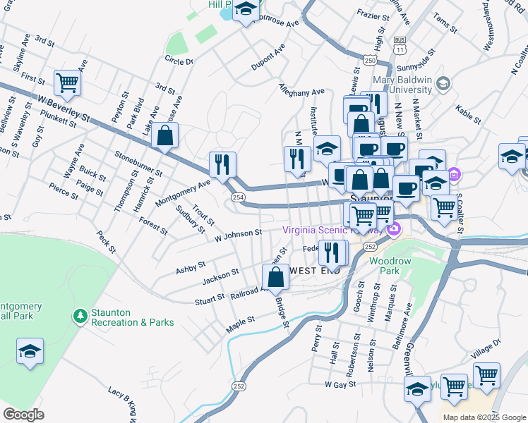 map of restaurants, bars, coffee shops, grocery stores, and more near 821 West Beverley Street in Staunton