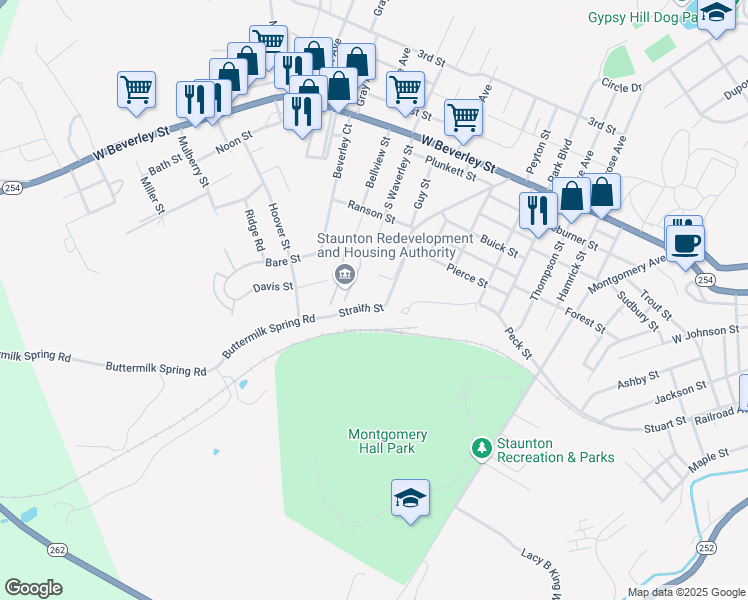 map of restaurants, bars, coffee shops, grocery stores, and more near 201-999 Elizabeth Miller Gardens in Staunton