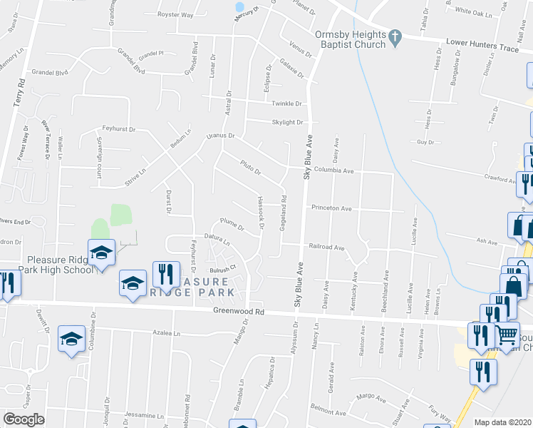 map of restaurants, bars, coffee shops, grocery stores, and more near 7303 Hassock Drive in Louisville
