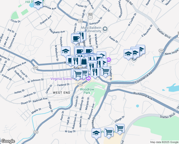 map of restaurants, bars, coffee shops, grocery stores, and more near 1 East Johnson Street in Staunton