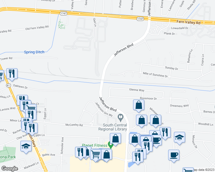 map of restaurants, bars, coffee shops, grocery stores, and more near 7100 Dittmar Drive in Louisville