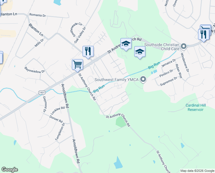 map of restaurants, bars, coffee shops, grocery stores, and more near 7753 Brookview Drive in Louisville