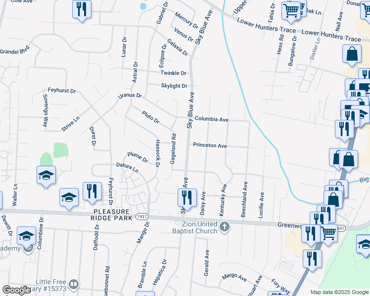 map of restaurants, bars, coffee shops, grocery stores, and more near 7011 Gageland Road in Louisville