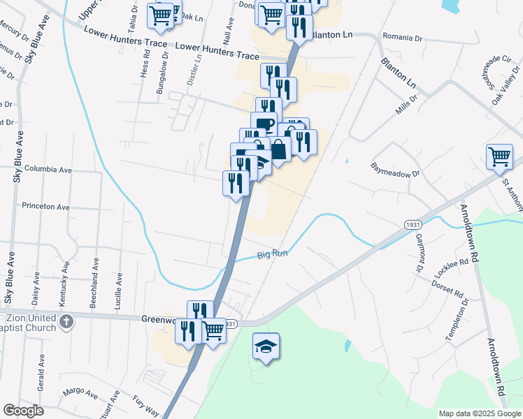 map of restaurants, bars, coffee shops, grocery stores, and more near 7500 Saint Paul Church Road in Louisville