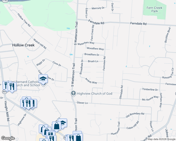 map of restaurants, bars, coffee shops, grocery stores, and more near 7907 Bala Court in Louisville