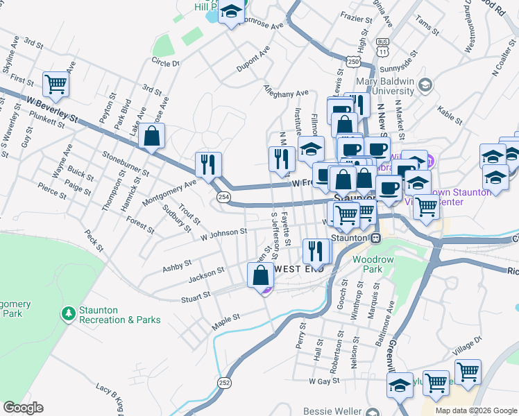 map of restaurants, bars, coffee shops, grocery stores, and more near 822 West Beverley Street in Staunton
