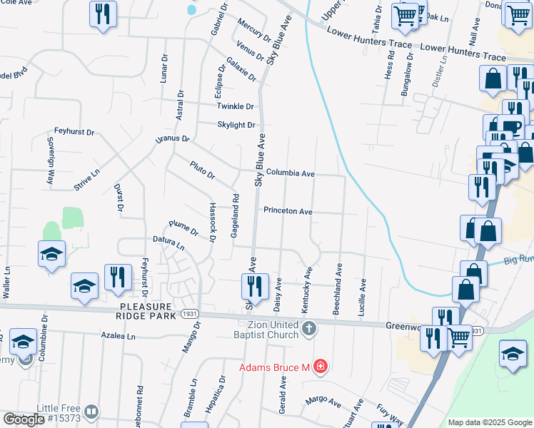 map of restaurants, bars, coffee shops, grocery stores, and more near 5110 Princeton Avenue in Louisville