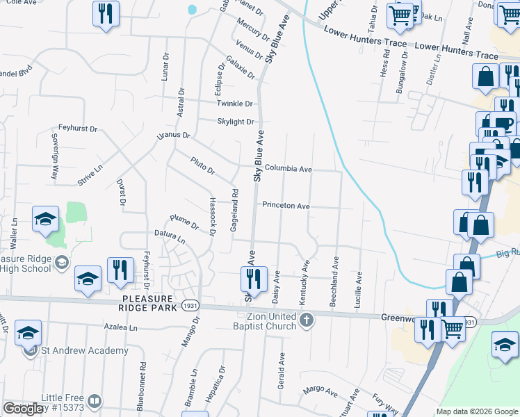 map of restaurants, bars, coffee shops, grocery stores, and more near 7101 Sky Blue Avenue in Louisville