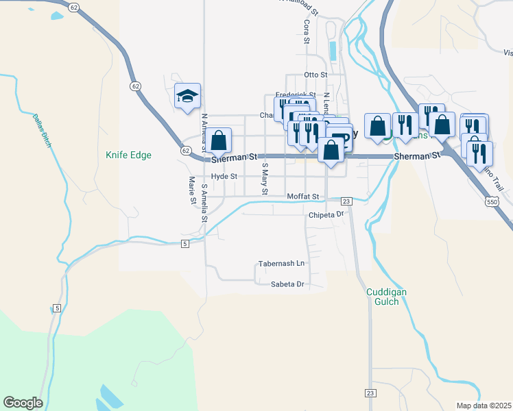 map of restaurants, bars, coffee shops, grocery stores, and more near 701-799 Moffat Street in Ridgway