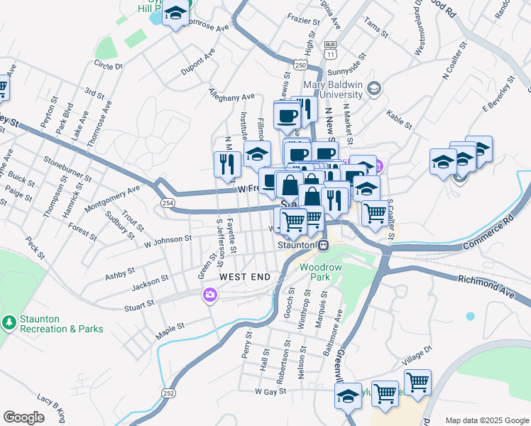 map of restaurants, bars, coffee shops, grocery stores, and more near 217 W Beverley St in Staunton