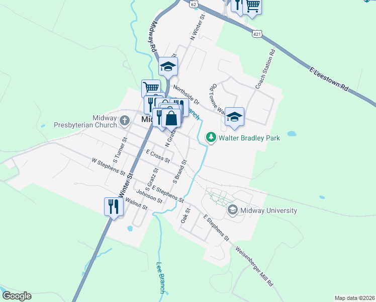 map of restaurants, bars, coffee shops, grocery stores, and more near 301 Dudley Street in Midway