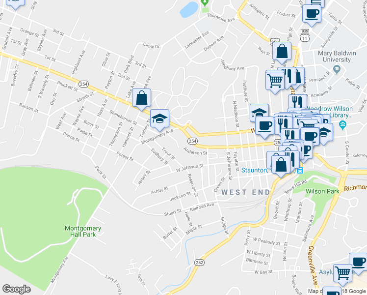 map of restaurants, bars, coffee shops, grocery stores, and more near 1016 Anderson Street in Staunton