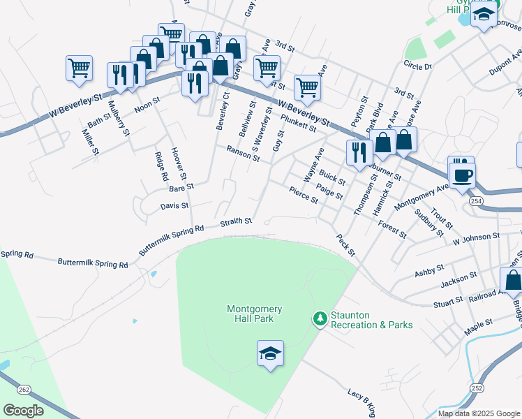 map of restaurants, bars, coffee shops, grocery stores, and more near 405 Straith Street in Staunton