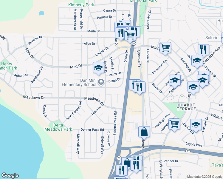map of restaurants, bars, coffee shops, grocery stores, and more near 1600 Lorenzo Drive in Vallejo