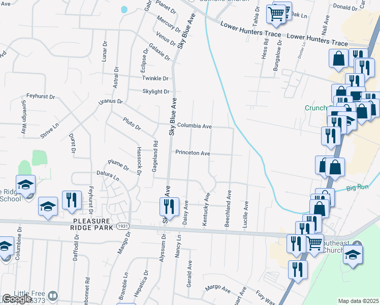 map of restaurants, bars, coffee shops, grocery stores, and more near 5098 Princeton Avenue in Louisville