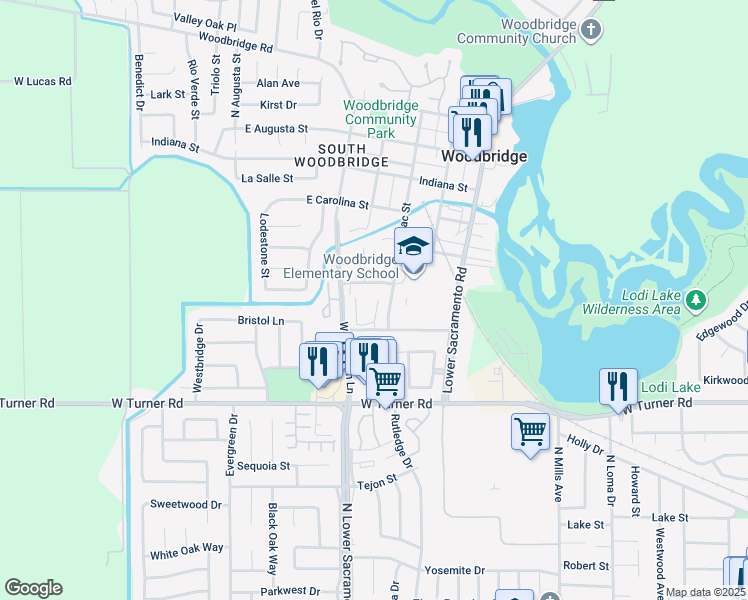map of restaurants, bars, coffee shops, grocery stores, and more near 1233 Lilac Street in Lodi