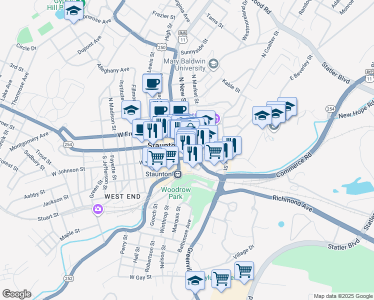 map of restaurants, bars, coffee shops, grocery stores, and more near 26 South New Street in Staunton