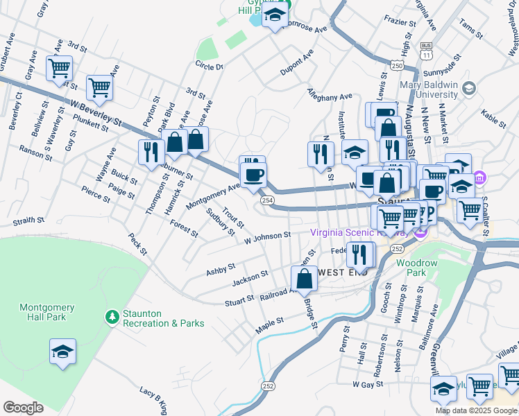 map of restaurants, bars, coffee shops, grocery stores, and more near 950 West Beverley Street in Staunton