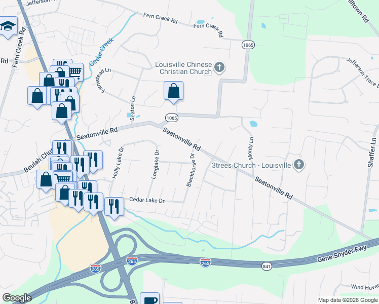 map of restaurants, bars, coffee shops, grocery stores, and more near 9804 Seatonville Road in Louisville
