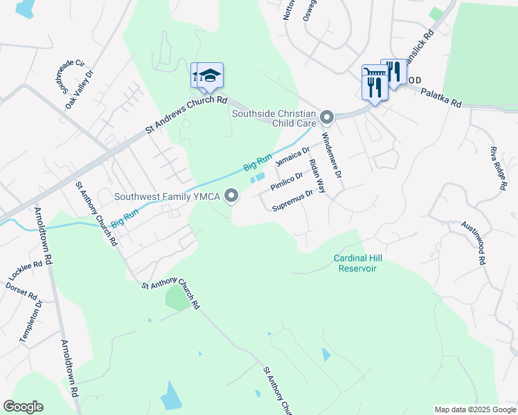 map of restaurants, bars, coffee shops, grocery stores, and more near 7600 Pimlico Drive in Louisville