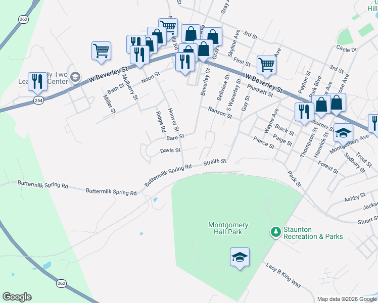 map of restaurants, bars, coffee shops, grocery stores, and more near 503 Hoover Street in Staunton
