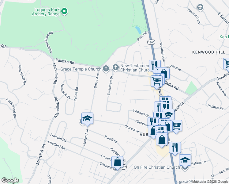 map of restaurants, bars, coffee shops, grocery stores, and more near 5409 Dannyboy Lane in Louisville