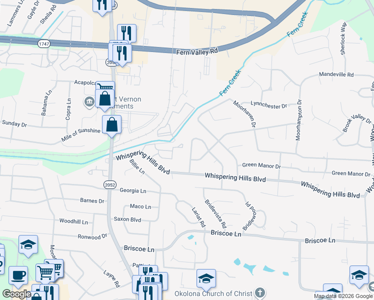 map of restaurants, bars, coffee shops, grocery stores, and more near 6805 Rock Forest Drive in Louisville