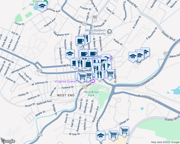 map of restaurants, bars, coffee shops, grocery stores, and more near 17 North Augusta Street in Staunton