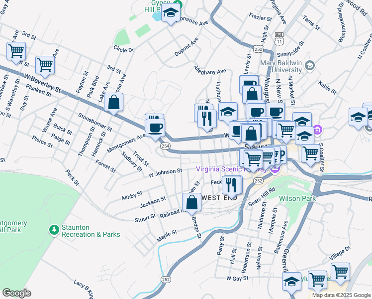 map of restaurants, bars, coffee shops, grocery stores, and more near 827 West Beverley Street in Staunton