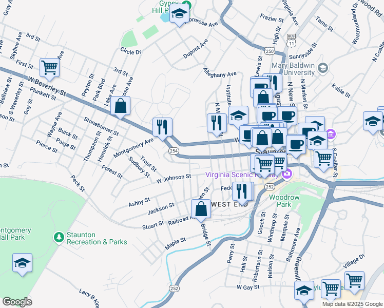 map of restaurants, bars, coffee shops, grocery stores, and more near 833 West Beverley Street in Staunton