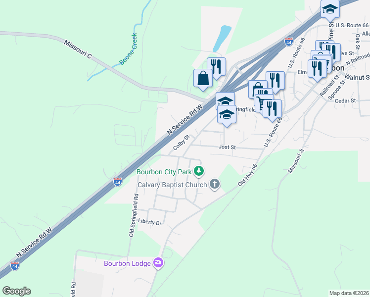 map of restaurants, bars, coffee shops, grocery stores, and more near 420 Colby Street in Bourbon
