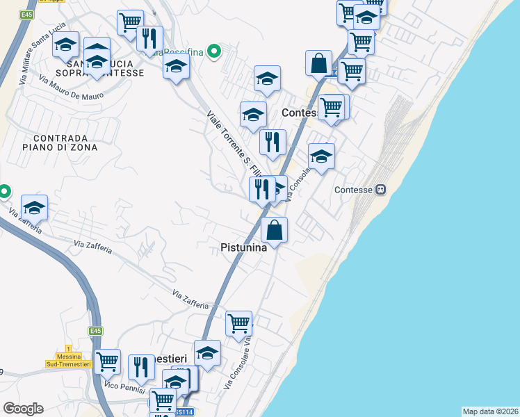 map of restaurants, bars, coffee shops, grocery stores, and more near 6 Strada Comunale Santa Lucia in Messina