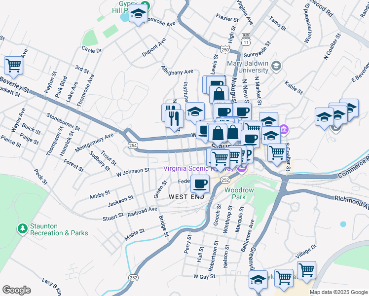map of restaurants, bars, coffee shops, grocery stores, and more near 411 West Beverley Street in Staunton