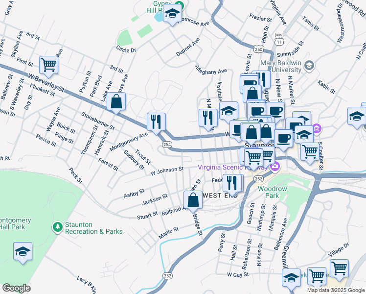 map of restaurants, bars, coffee shops, grocery stores, and more near 821 West Beverley Street in Staunton