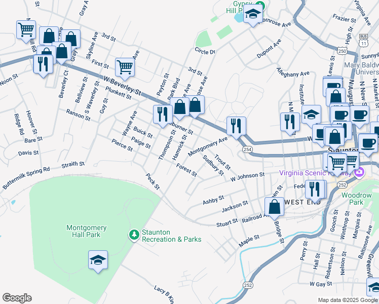 map of restaurants, bars, coffee shops, grocery stores, and more near 1120 Walnut Street in Staunton