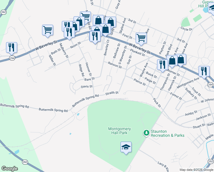 map of restaurants, bars, coffee shops, grocery stores, and more near 900 Elizabeth Miller Gardens in Staunton