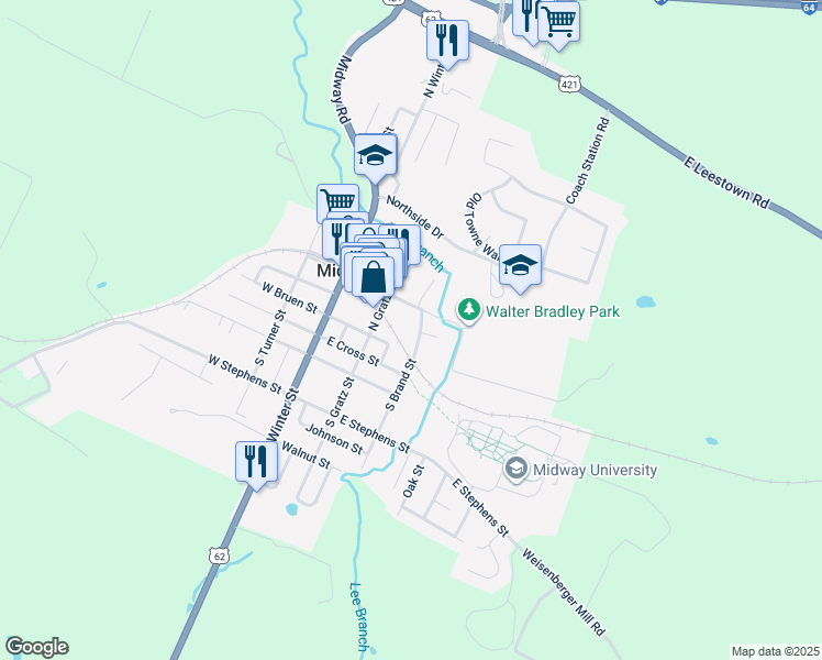 map of restaurants, bars, coffee shops, grocery stores, and more near 301 Dudley Street in Midway