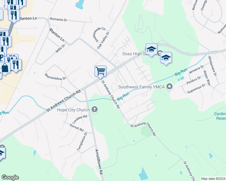 map of restaurants, bars, coffee shops, grocery stores, and more near 7800 Alfred Schlatter Drive in Louisville