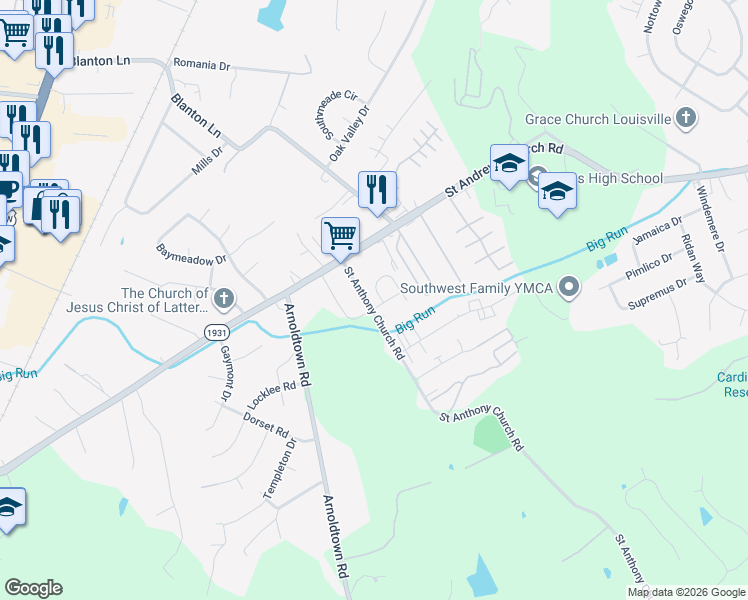 map of restaurants, bars, coffee shops, grocery stores, and more near 7101 Schneble Circle in Louisville