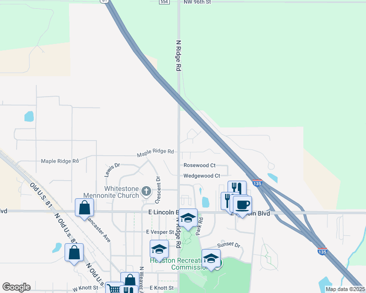 map of restaurants, bars, coffee shops, grocery stores, and more near 410 Harvest Road in Hesston