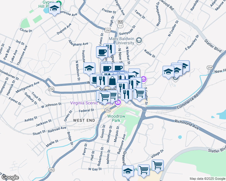 map of restaurants, bars, coffee shops, grocery stores, and more near 12 West Beverley Street in Staunton