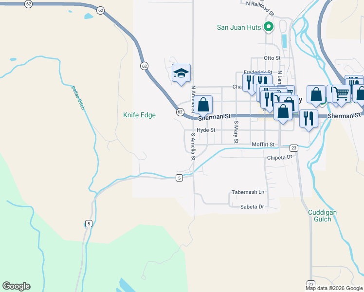 map of restaurants, bars, coffee shops, grocery stores, and more near 226 Marie Street in Ridgway