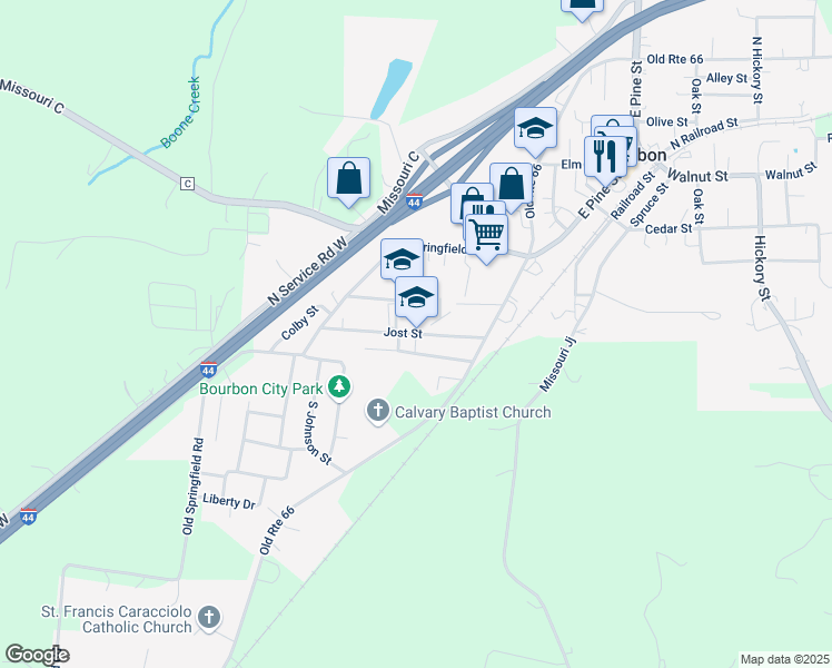map of restaurants, bars, coffee shops, grocery stores, and more near 363 Jost Street in Bourbon