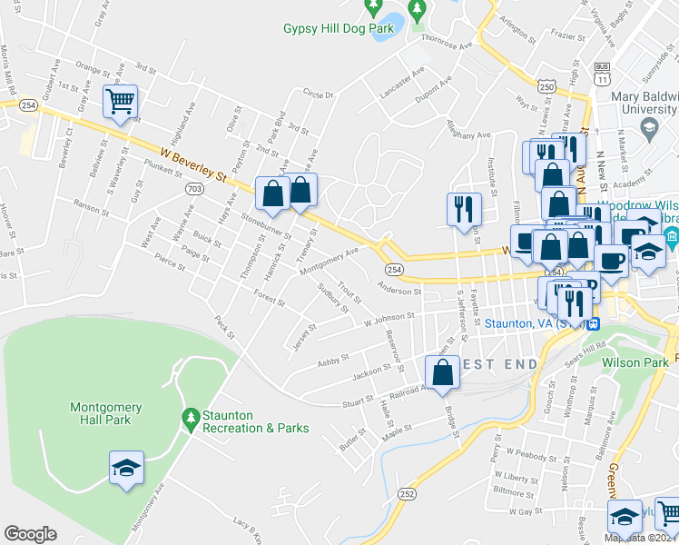 map of restaurants, bars, coffee shops, grocery stores, and more near 925 Trout Street in Staunton