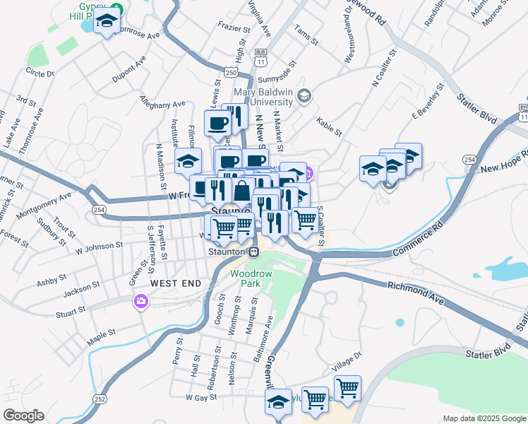 map of restaurants, bars, coffee shops, grocery stores, and more near 17 North Augusta Street in Staunton